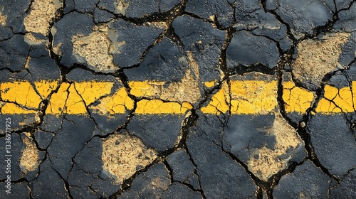 Obraz na płótnie Cracked asphalt road, yellow line w salonie