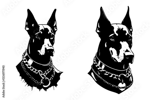 Silhouettes of a Dark doberman portraits aggressive dog expression on white background.