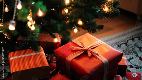 A cozy Christmas scene showcasing beautifully wrapped gifts under a decorated tree, illuminated by soft holiday lights, evoking a warm festive atmosphere.