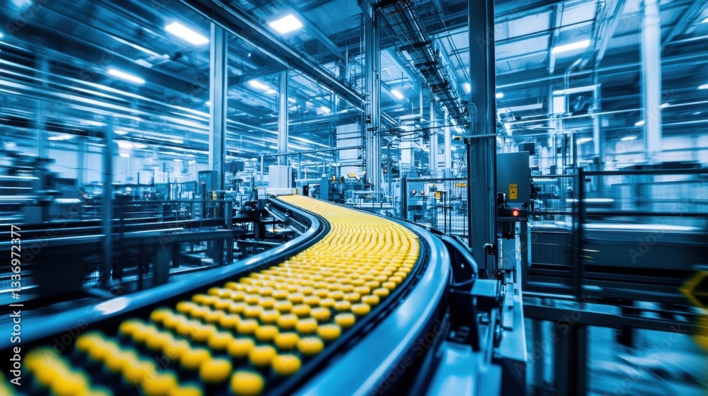 Fototapeta premium A busy factory showcases an intricate conveyor system carrying numerous yellow items in a well-lit environment. The efficient layout highlights the advanced technology in use