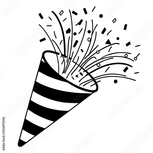 Black and white graphic of a unique conical party favor shape exploding with confetti.line art icon, isolated on white background




