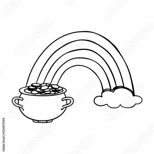 line art icon illustrate pot of gold, associated with St. Patrick's Day, with a rainbow arching above or behind them, isolated on white background




