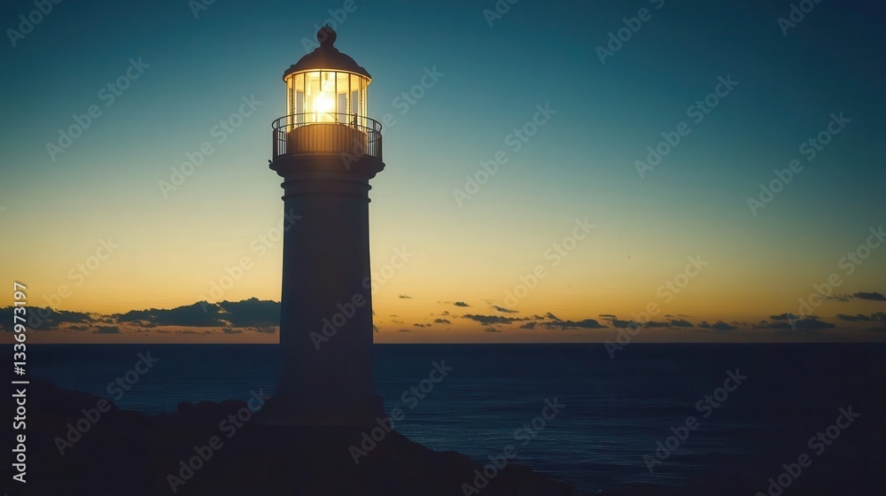 Naklejka premium Illuminated Lighthouse at Sunset Over the Ocean