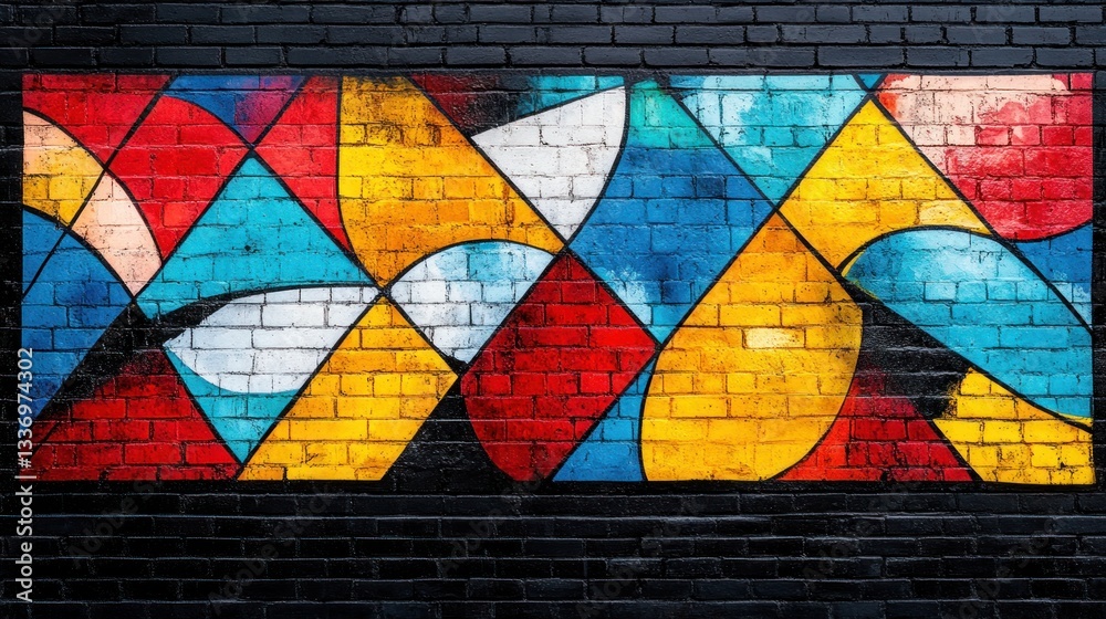 Naklejka premium Colorful abstract geometric mural on black brick wall