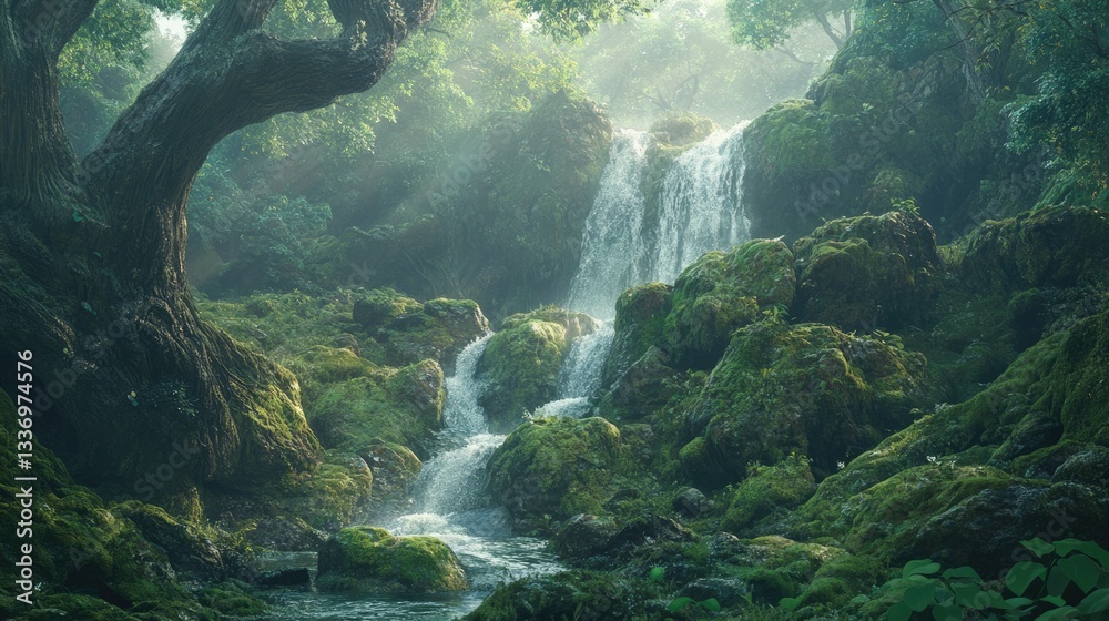 Enchanted Waterfall in Mossy Forest Enchanted Waterfall in Mossy Forest