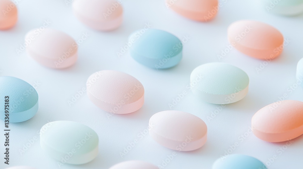 Delicate round candies in soft pastel colors are arranged evenly across a clean white surface, creating an inviting and aesthetic visual. The composition highlights their gentle hues Delicate round candies in soft pastel colors are arranged evenly across a clean white surface, creating an inviting and aesthetic visual. The composition highlights their gentle hues
