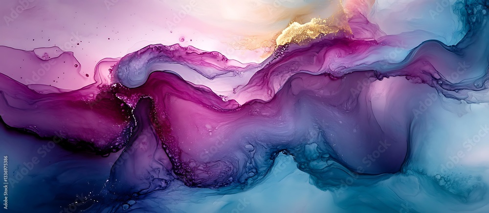Abstract fluid art; purple, blue, gold hues