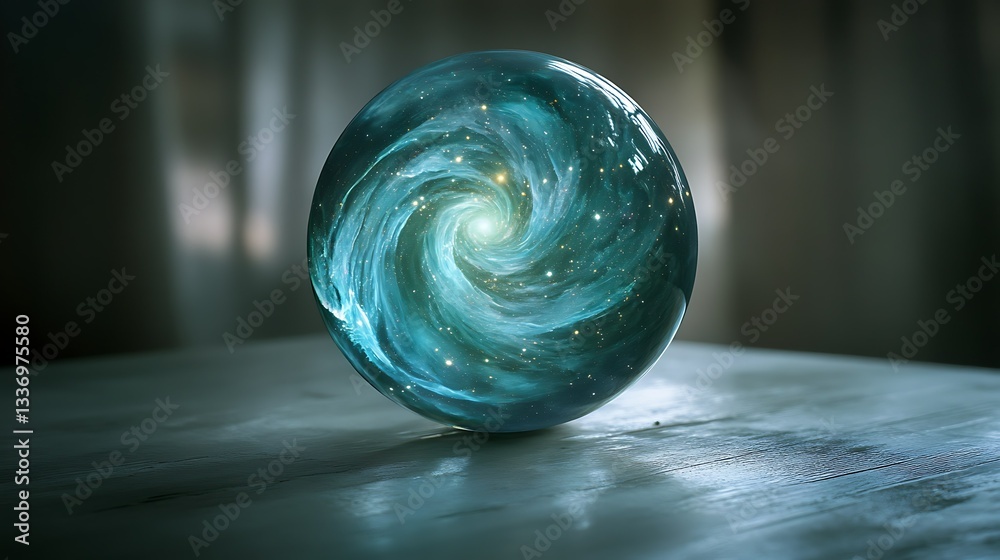 Cosmic swirl inside glass sphere, table