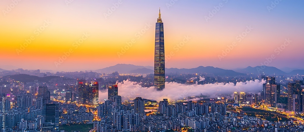 Sunset city skyline, skyscraper in clouds