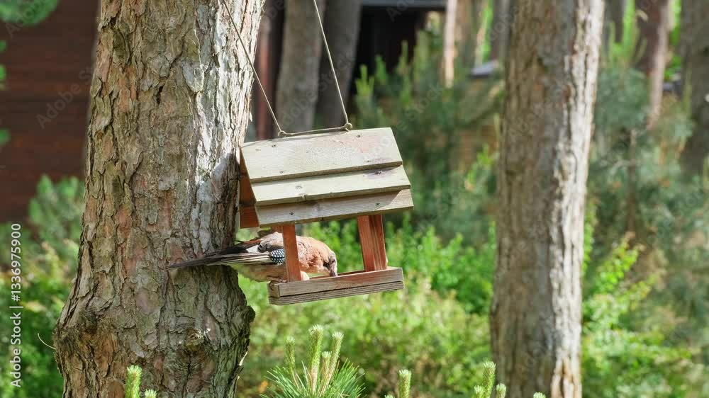 Jay Bird Eating in a Feeder in Pine Forest. Jay bird eats food from a feeder in a pine forest Jay Bird Eating in a Feeder in Pine Forest. Jay bird eats food from a feeder in a pine forest