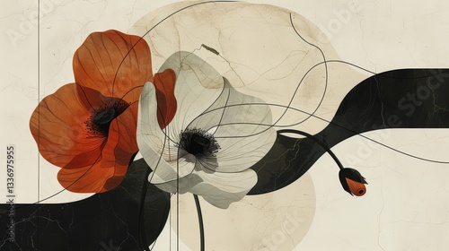 Abstract floral art, two poppies, cream and terracotta,  marble-like background, decorative design