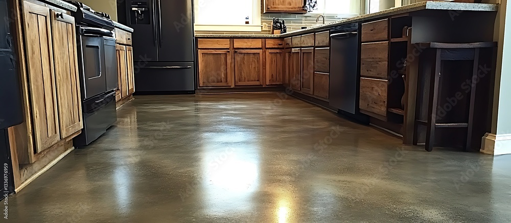 Polished concrete floor in kitchen with wood cabinets