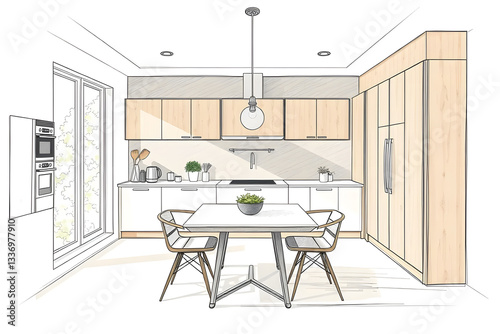 Beautiful Stylish kitchen interior sketch design and drawing with modern furniture. Combination of photo and sketch.