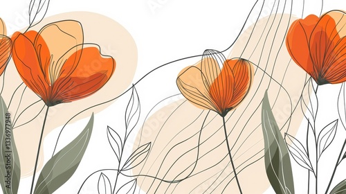 Abstract floral illustration,  flowing lines,  soft color palette,  floral background