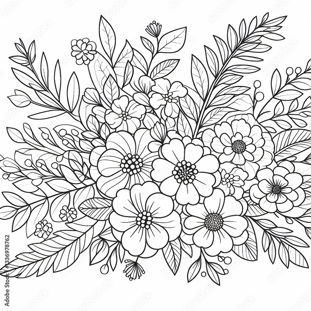 Fototapeta premium coloring page of a flowers , coloring book page, clean line art, white background