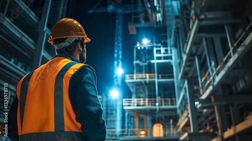 Male construction worker at nighttime site wearing safety gear and helmet