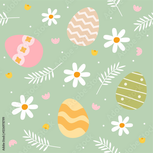 Cute easter eggs seamless pattern. Spring flower pastel colorfull illustration. Green Background