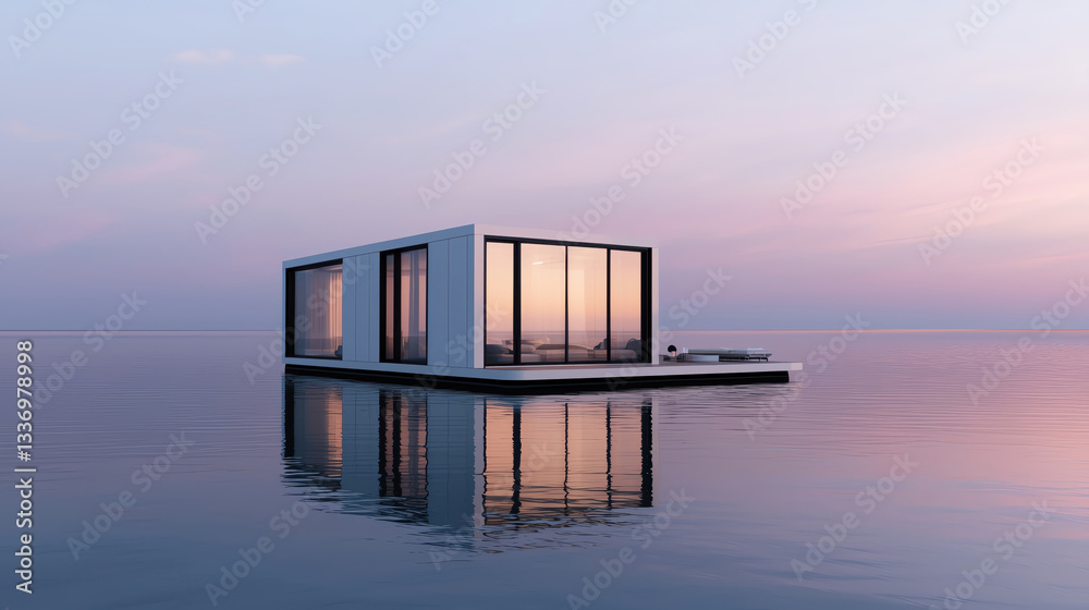 Modern architecture reflecting serene waters at sunset creates tranquil scene Modern architecture reflecting serene waters at sunset creates tranquil scene