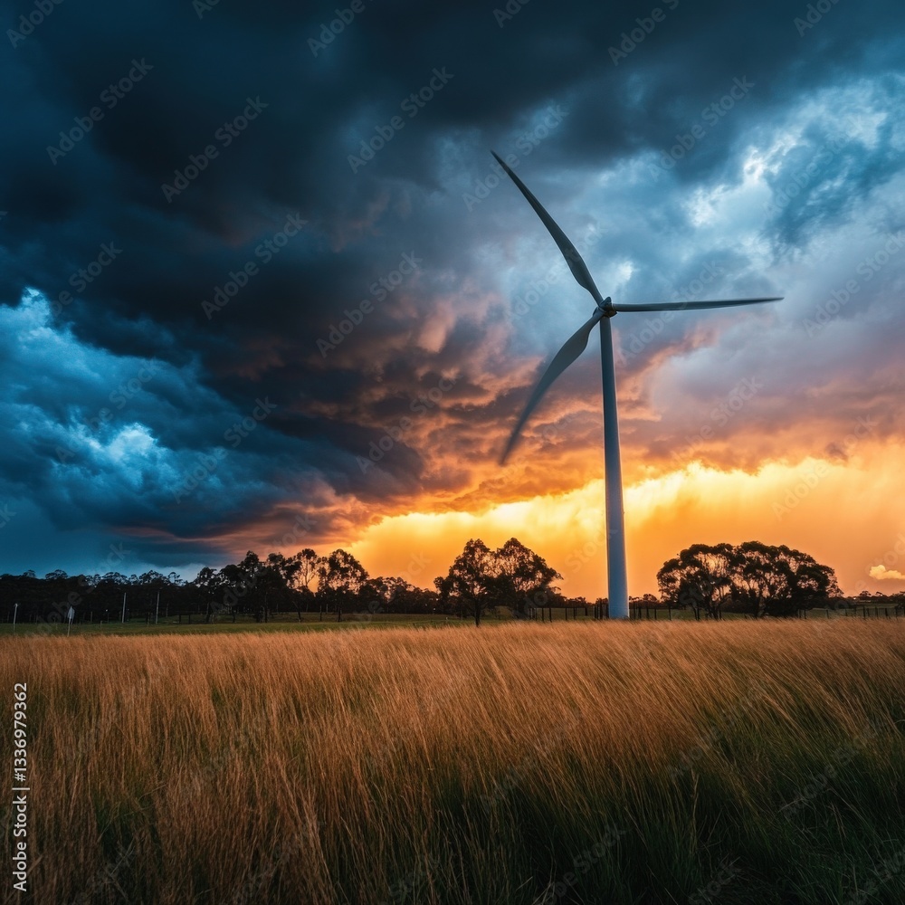 Obraz premium A dramatic stormy sky above a windmill park, highlighting the resilience of renewable energy