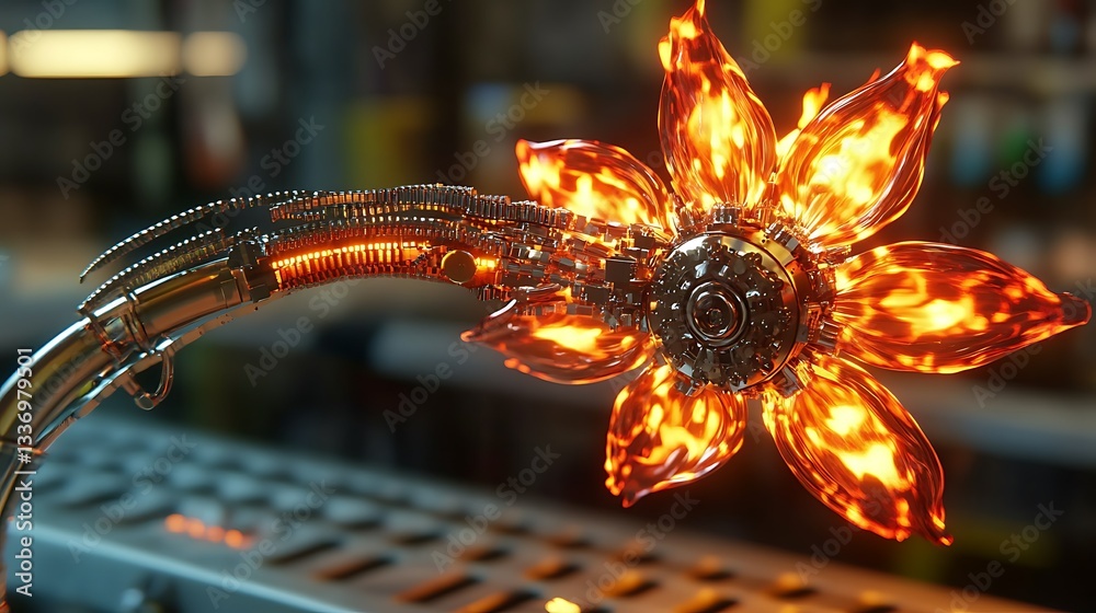Flaming robotic flower, workshop setting