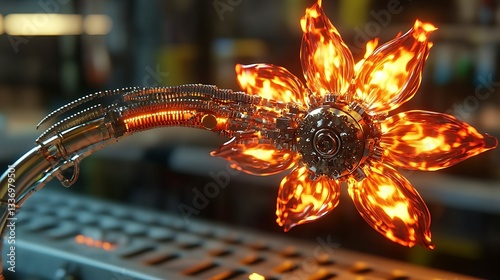 Obraz na płótnie Flaming robotic flower, workshop setting w salonie
