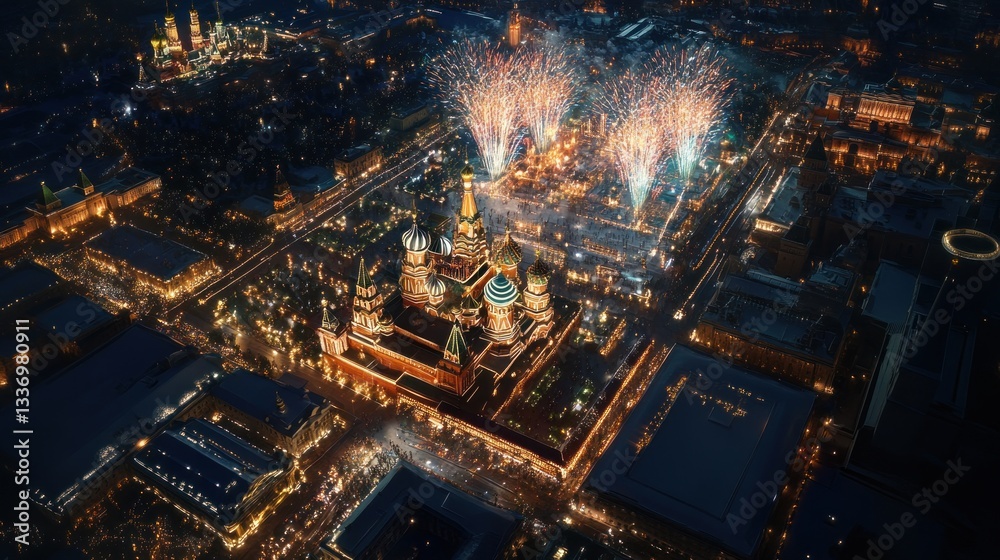 Obraz premium Aerial view of a cityscape with fireworks and a prominent cathedral at night.