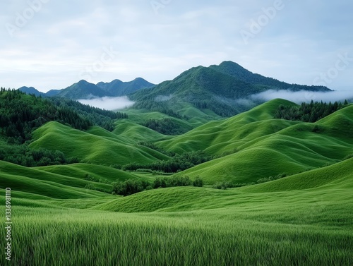Lush green rolling hills under a cloudy sky with mist in the valleys