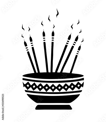 Incense sticks in decorative bowl icon  for aromatherapy and relaxation