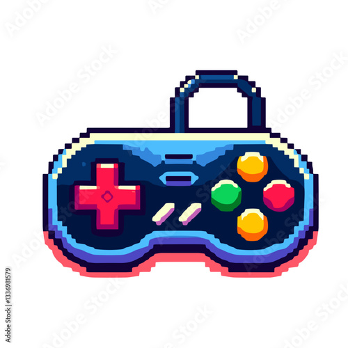 Pixel art gaming controller with colorful buttons on a light background