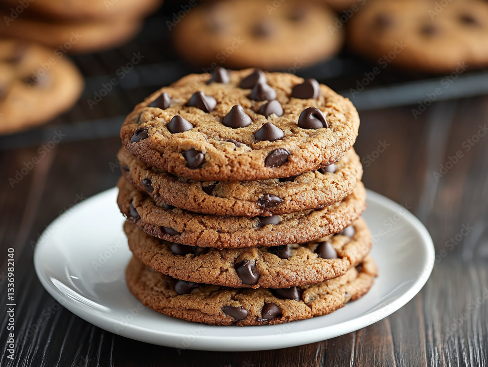 Stacked chocolate chip cookies on a white plate, with a blurred background of a baking rack and a pile in the back. Stacked chocolate chip cookies on a white plate, with a blurred background of a baking rack and a pile in the back.