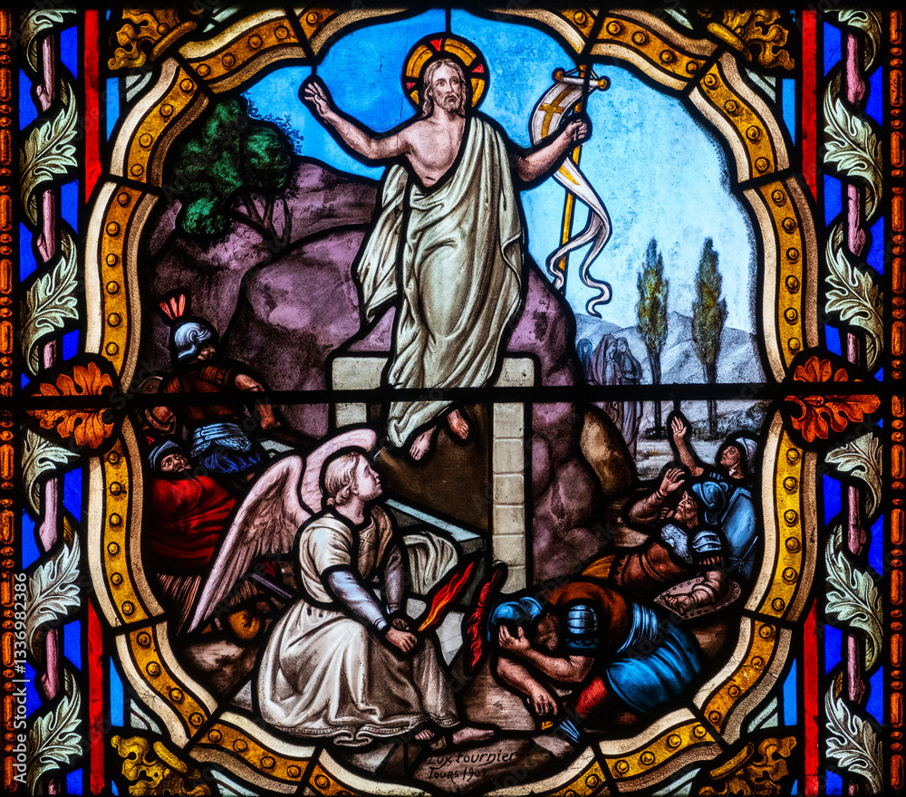 Obraz premium Stained glass (19th century) of The resurrection of Jesus Christ.