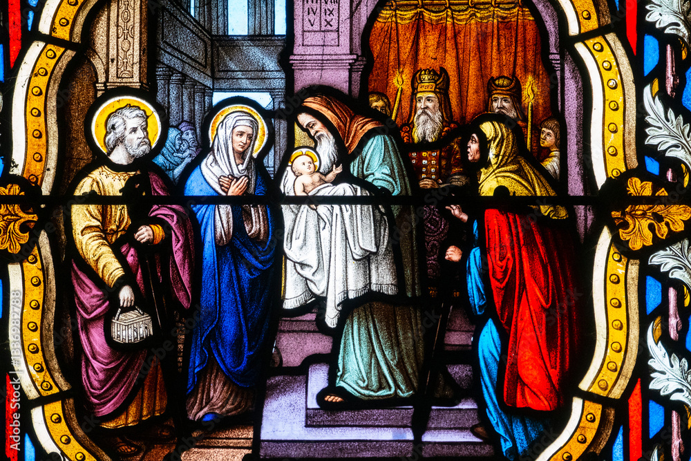 Fototapeta premium Stained glass (19th century) of The childhood of Jesus: Presentation of Jesus at the Temple.