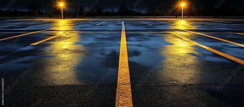 Wet asphalt parking lot at night