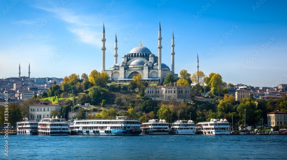 Naklejka premium Majestic mosque building overlooking water with boats and cityscape