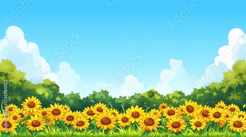 Sunny Day Sunflowers in a Green Meadow Landscape