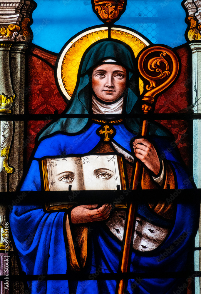 Naklejka premium Stained glass (19th century) of Saint Odile of Alsace or Sainte Odile d'Alsace. Saint of the Roman Catholic Church.