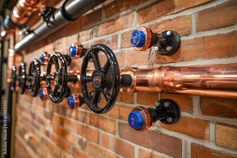 Fototapeta premium Industrial copper pipe system with black valve wheels and blue control knobs on brick wall