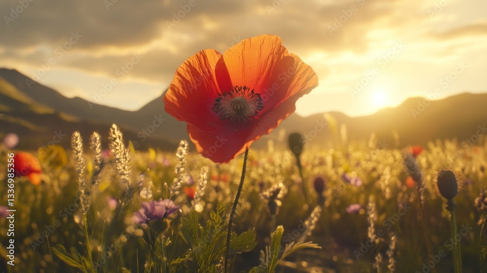 Fototapeta premium A vibrant red poppy stands tall in a sunlit meadow filled with wildflowers.