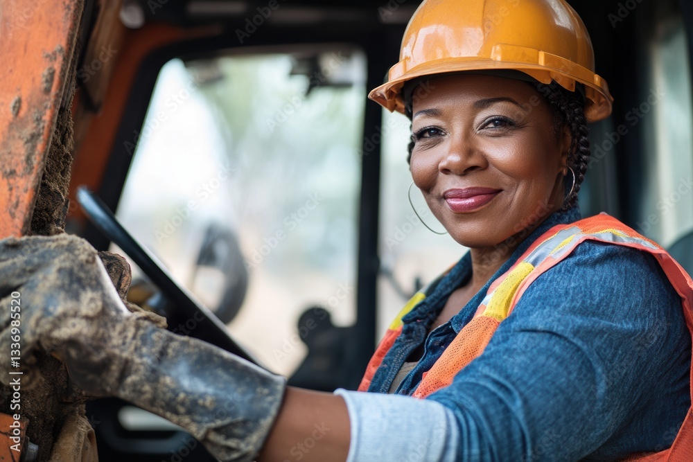 Confident Female Construction Worker Smiling in Heavy Machinery
