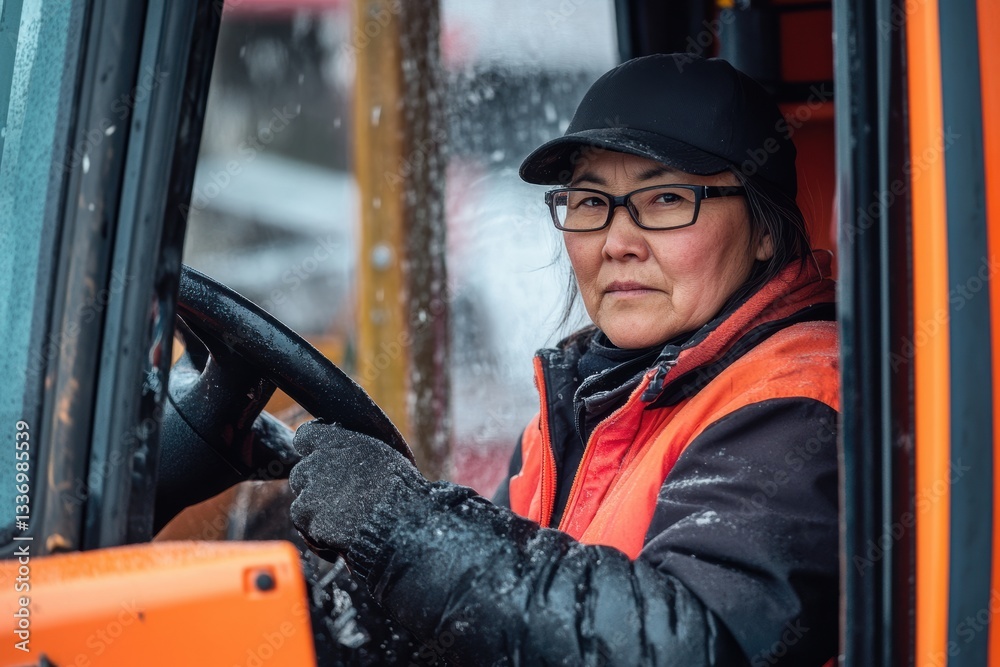 Middle-aged Female Construction Professional Operating Heavy Machinery