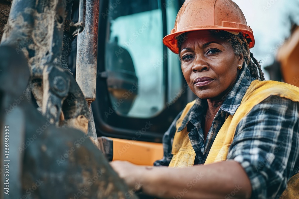Confident Mature Woman Construction Worker in Protective Gear at Work Site