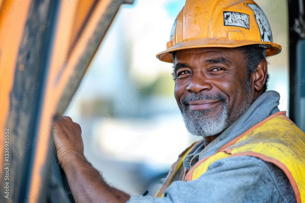 Smiling Man in Hard Hat Operating Heavy Construction Equipment