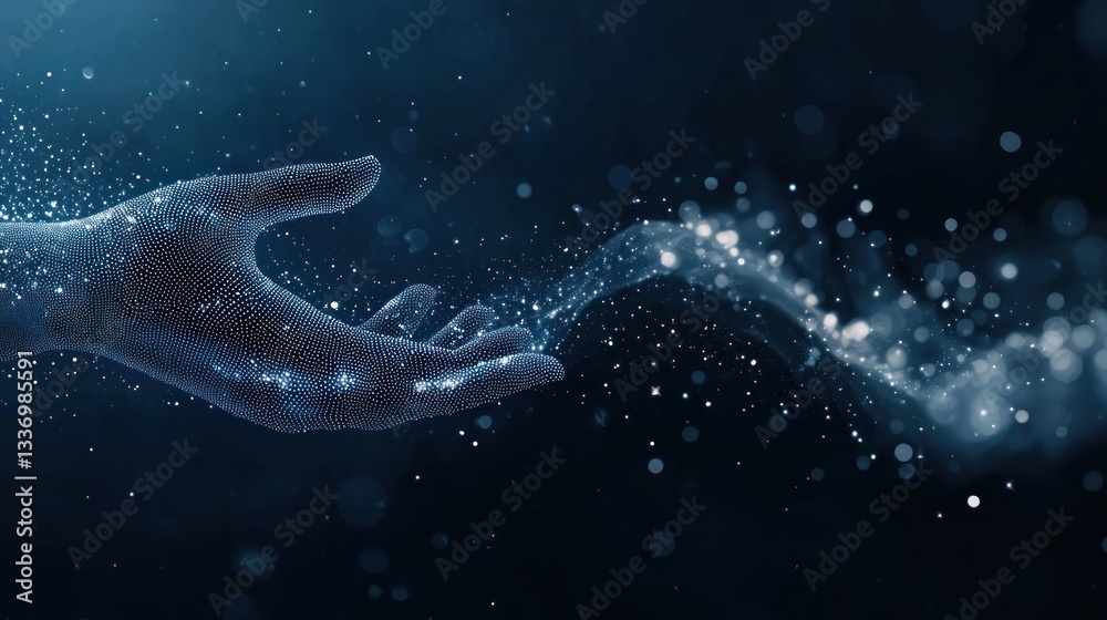 Reaching Hand, Digital Connection, Night Sky Background Reaching Hand, Digital Connection, Night Sky Background