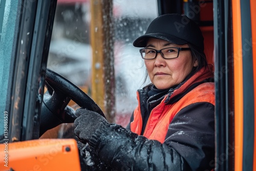 Obraz na płótnie Middle-aged Female Construction Professional Operating Heavy Machinery w salonie