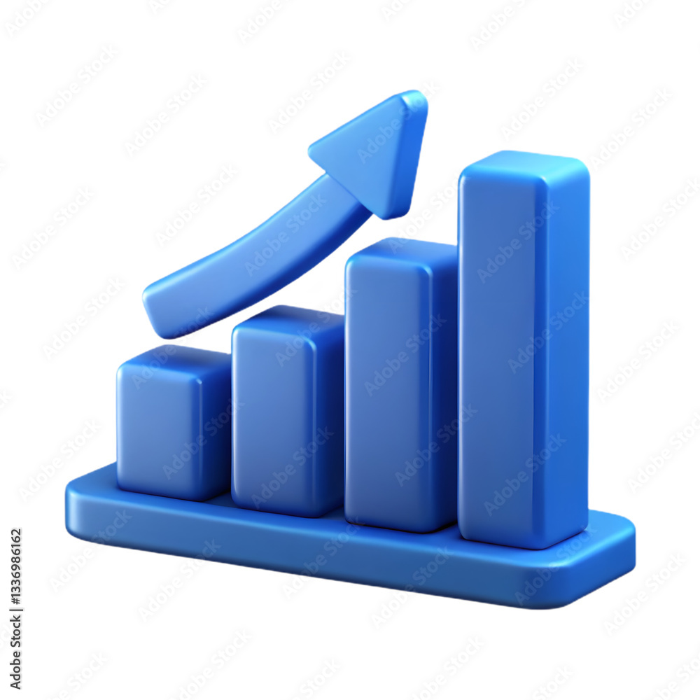Blue 3D bar chart icon with upward arrow symbolizing business growth and success Blue 3D bar chart icon with upward arrow symbolizing business growth and success