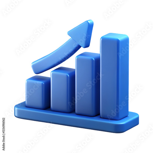 Blue 3D bar chart icon with upward arrow symbolizing business growth and success  