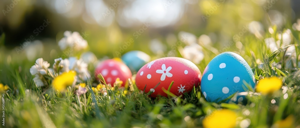 Colorful Easter eggs hidden in a grassy garden Colorful Easter eggs hidden in a grassy garden