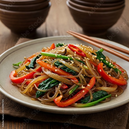 Delicious Korean food stir-fried vegetables (japchae)