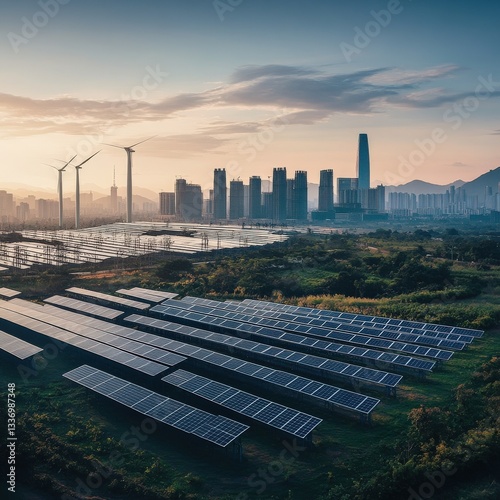 A smart city energy grid storing surplus solar and wind power in mega-batteries