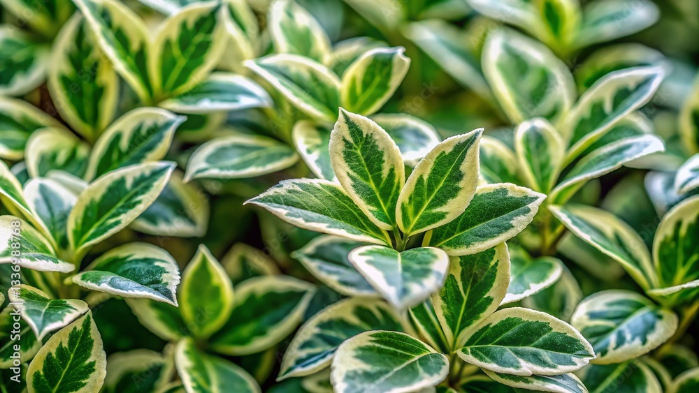 Fototapeta premium Close-up Wintercreeper Euonymus fortunei, Green and White Variegated Leaves, Nature Background